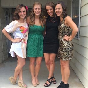 Green and gold strapless dress